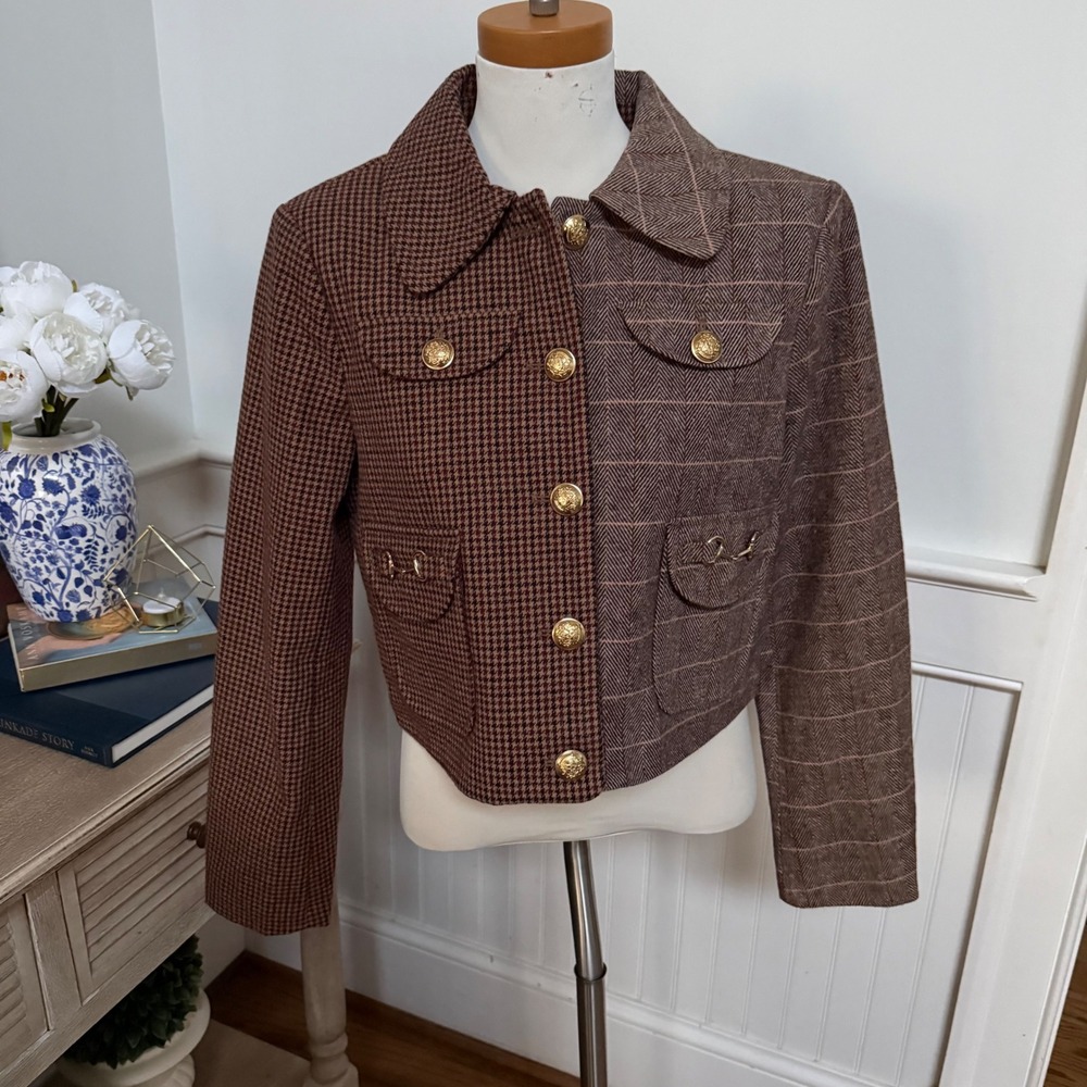 7 For All Mankind Womens Cropped Tweed Blazer Jacket Houndstooth Gold Buttons S
